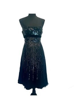 Jovani black sequin silk velvet sleeveless spaghetti strap A-line midi dress 12